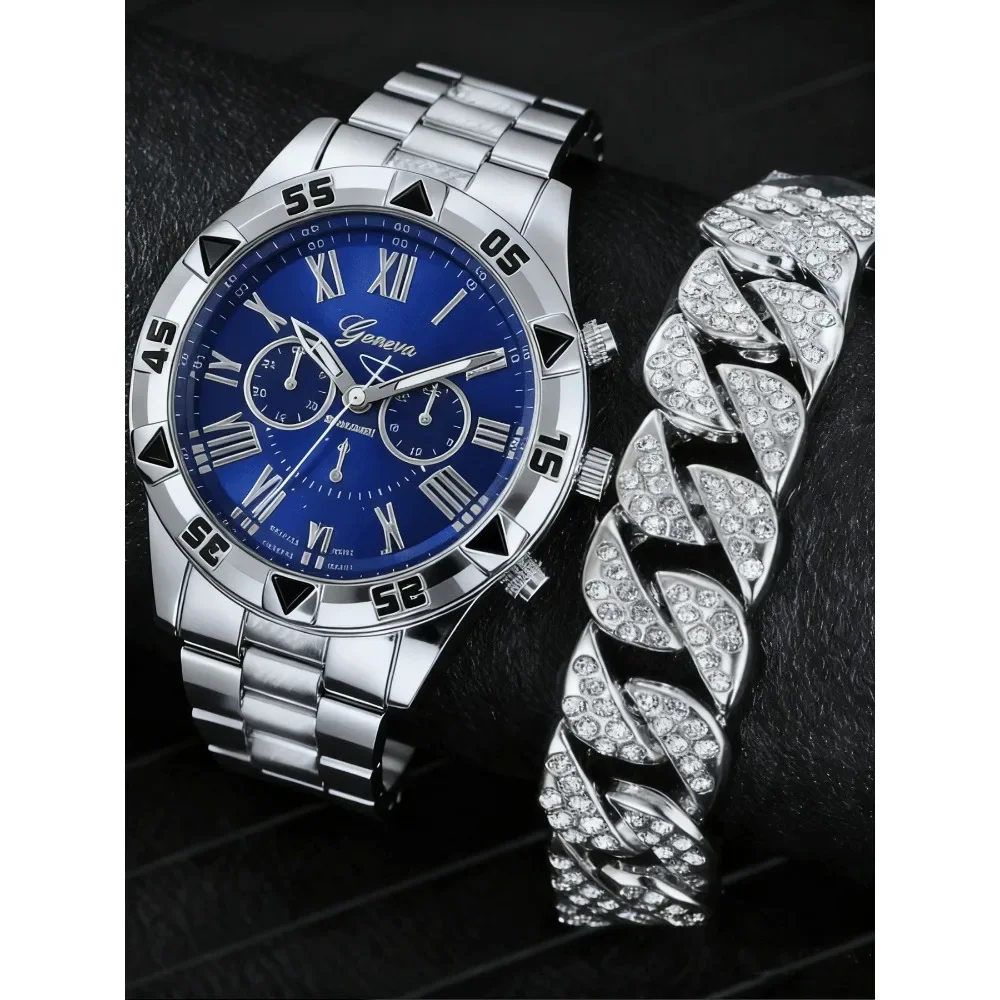 2-piece men's fashionable large dial watch set with steel strap and quartz watch for men