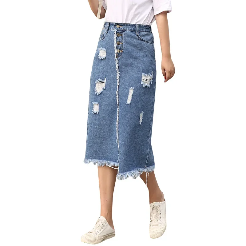 

Korean Style Asymmetrical Streetwear Woman High Waist Denim Skirts Knee Length Plus Size Womens Button Fly Ripped Jeans Skirt