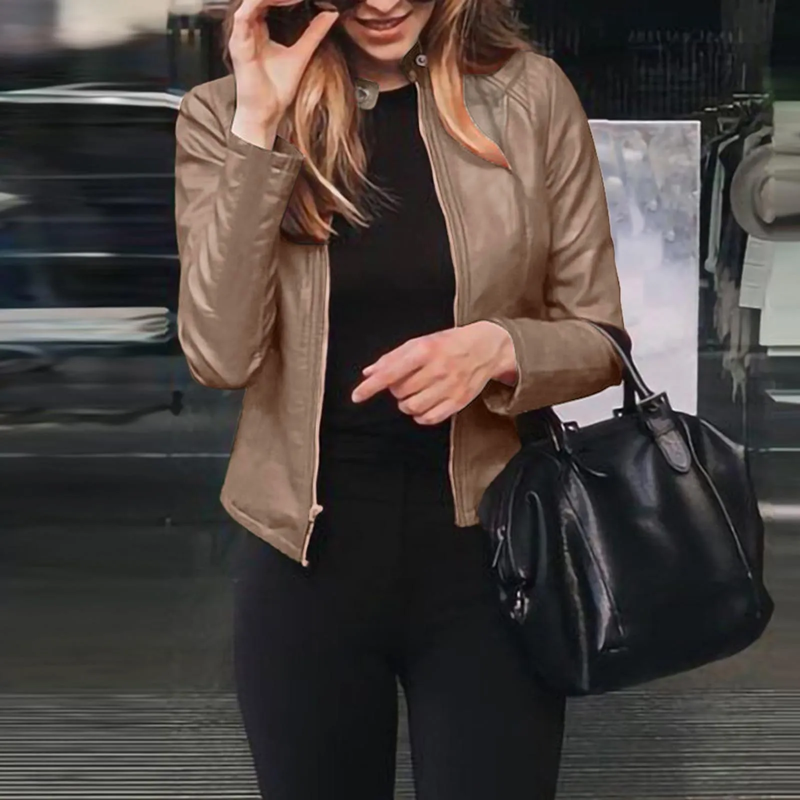 

Женская короткая верхняя одежда из искусственной кожи, топы, Модная приталенная кожаная куртка на молнии с длинным рукавом, яркая однотонная универсальная куртка