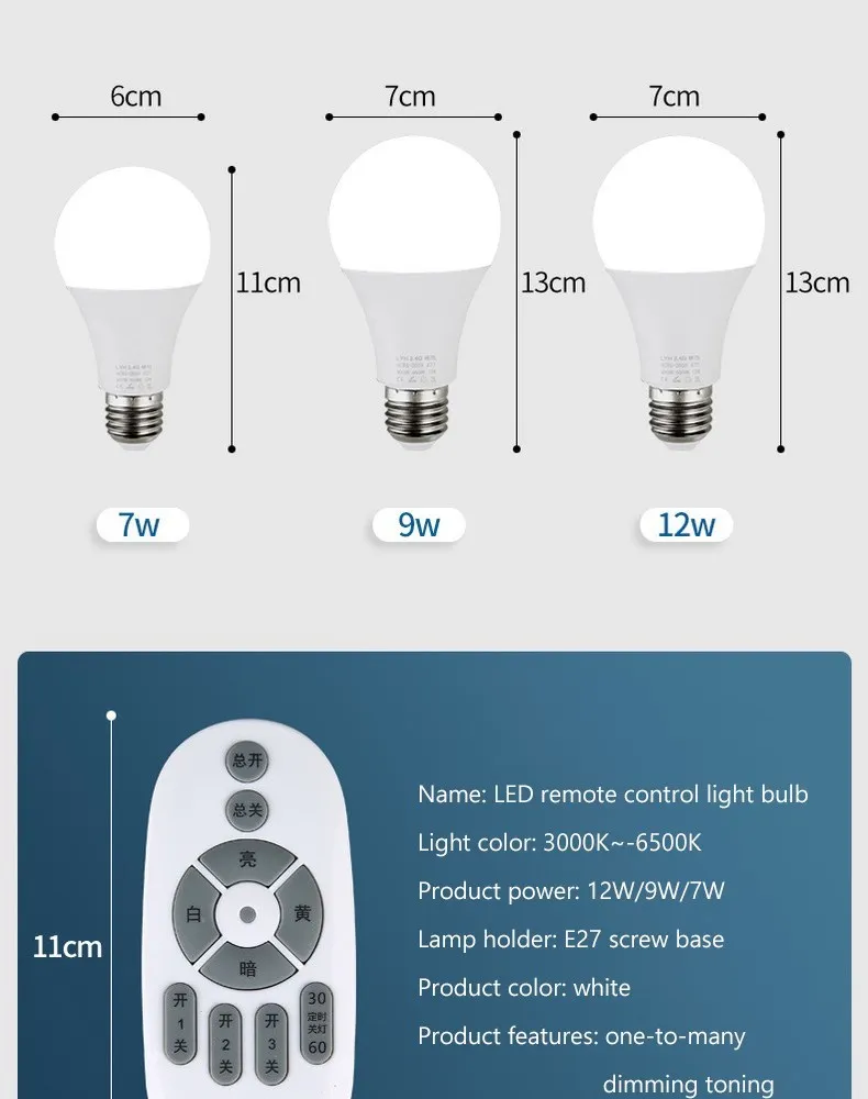 lâmpada LED regulável, temporização e desligamento, luz