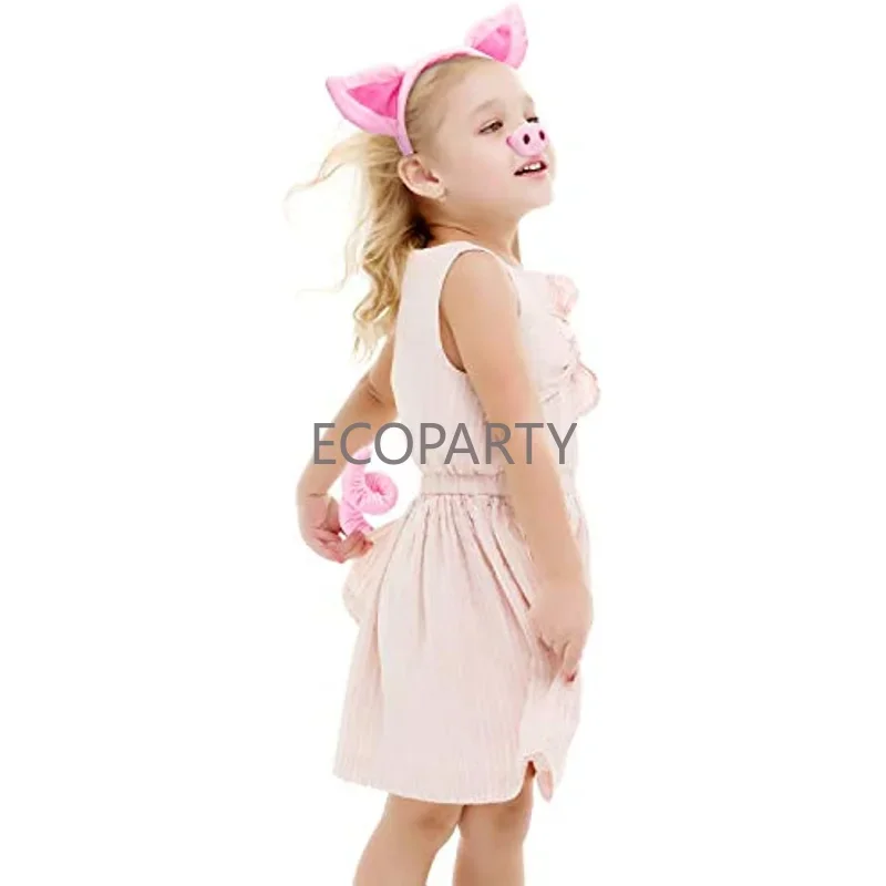 Pig Costume Set Pig Ears Nose Tail and Bow Tie Pink Fancy Dress Costume Kit Accessories for Kids Halloween Dress-up Play