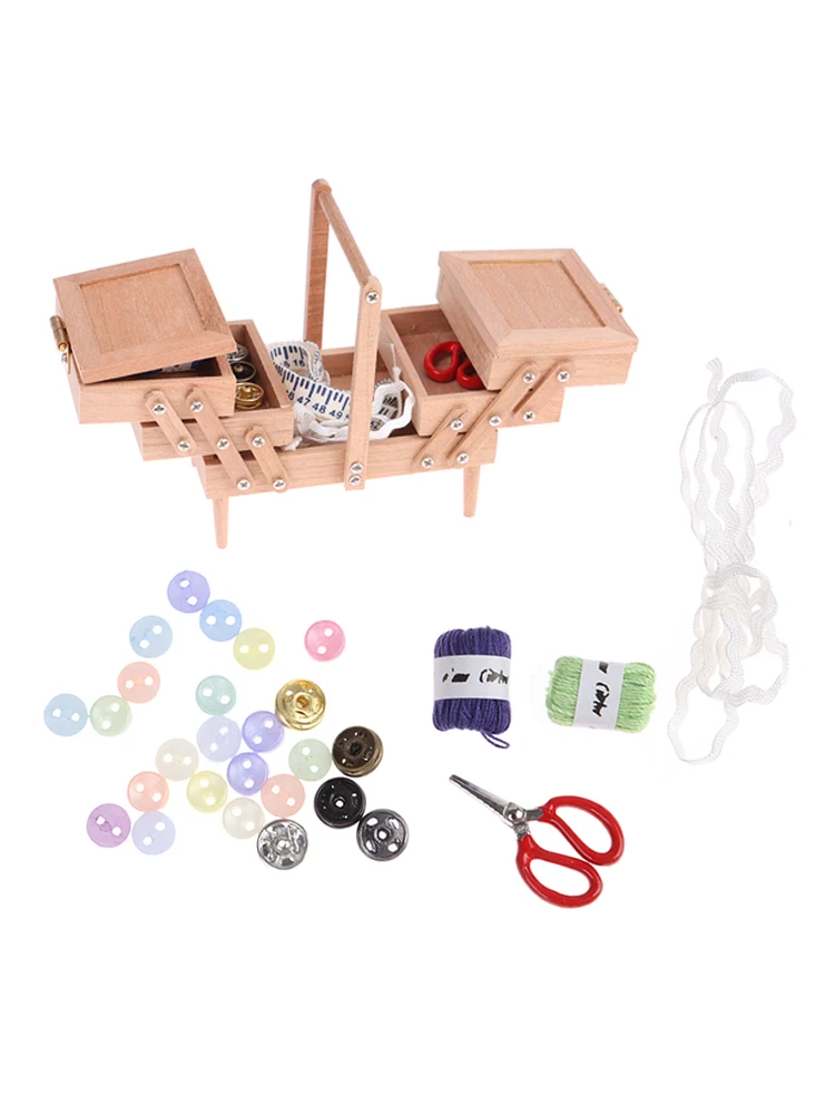 1set 1:12 Dollhouse Miniature Sewing Box with Needle Scissors Knitting Tool Tailor Set Living Scene Decor Play House Toy