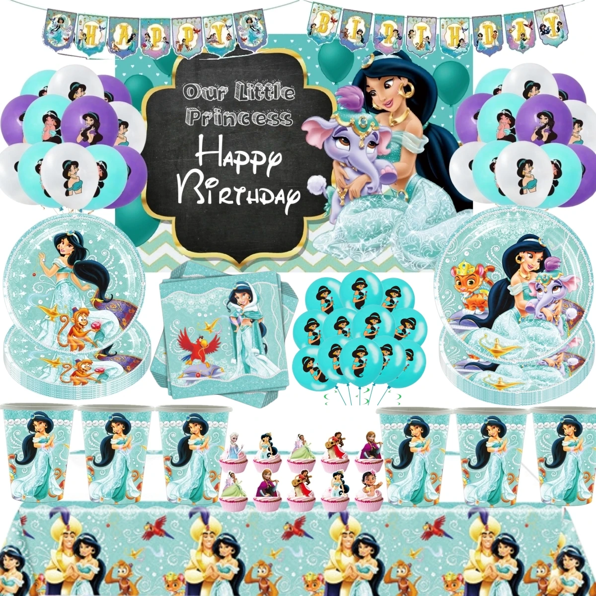 

Disney Jasmine Princess Birthday Party Decoration Disposable Tableware Plates Balloons Backdrop Girls Favors For Party Supplies