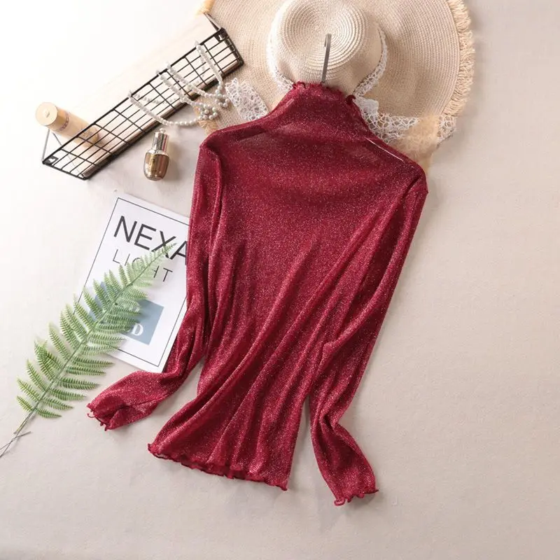 Camiseta ajustada elástica de manga larga con cuello alto a la moda para mujer, camisetas transparentes tipo pulóver, camisetas sexis de malla para primavera y otoño para mujer