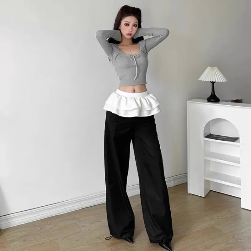 2024 New Spring New Ruched Skirts Black Pants Simple All-match High Waist Straight Trousers Y2k Grunge Loose Wide Leg HMS84