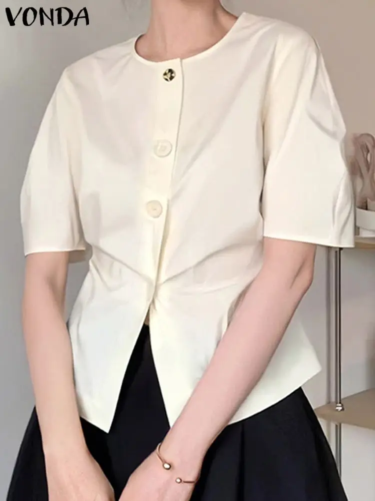 

2023 VONDA Women Elegant Shirts Summer Buttons Fashion Blouses Short Sleeve Casual Solid Color Tunic Top Streetwear Blusas Femme