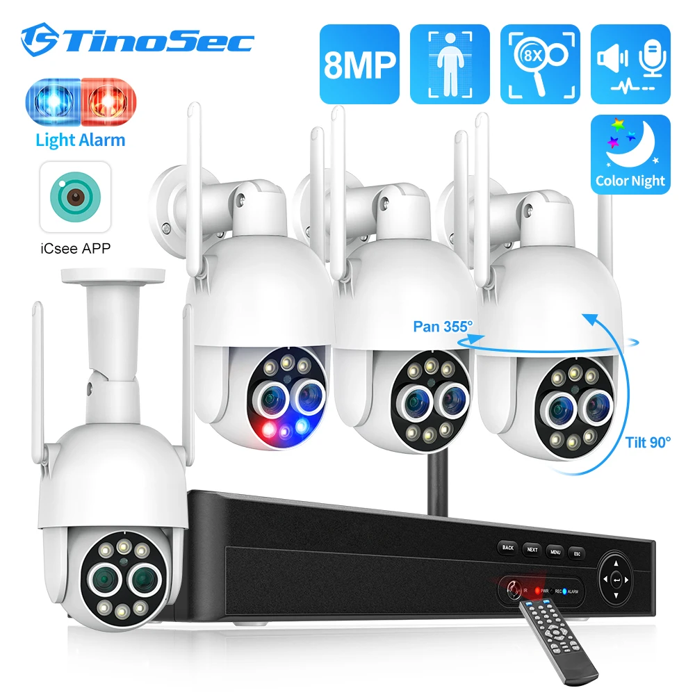 TinoSec H.265 8CH 8MP PTZ Camera System WiFi Security Camera 8X Hybrid Zoom Dual Lens IP Cameras CCTV Surveillance System P2P