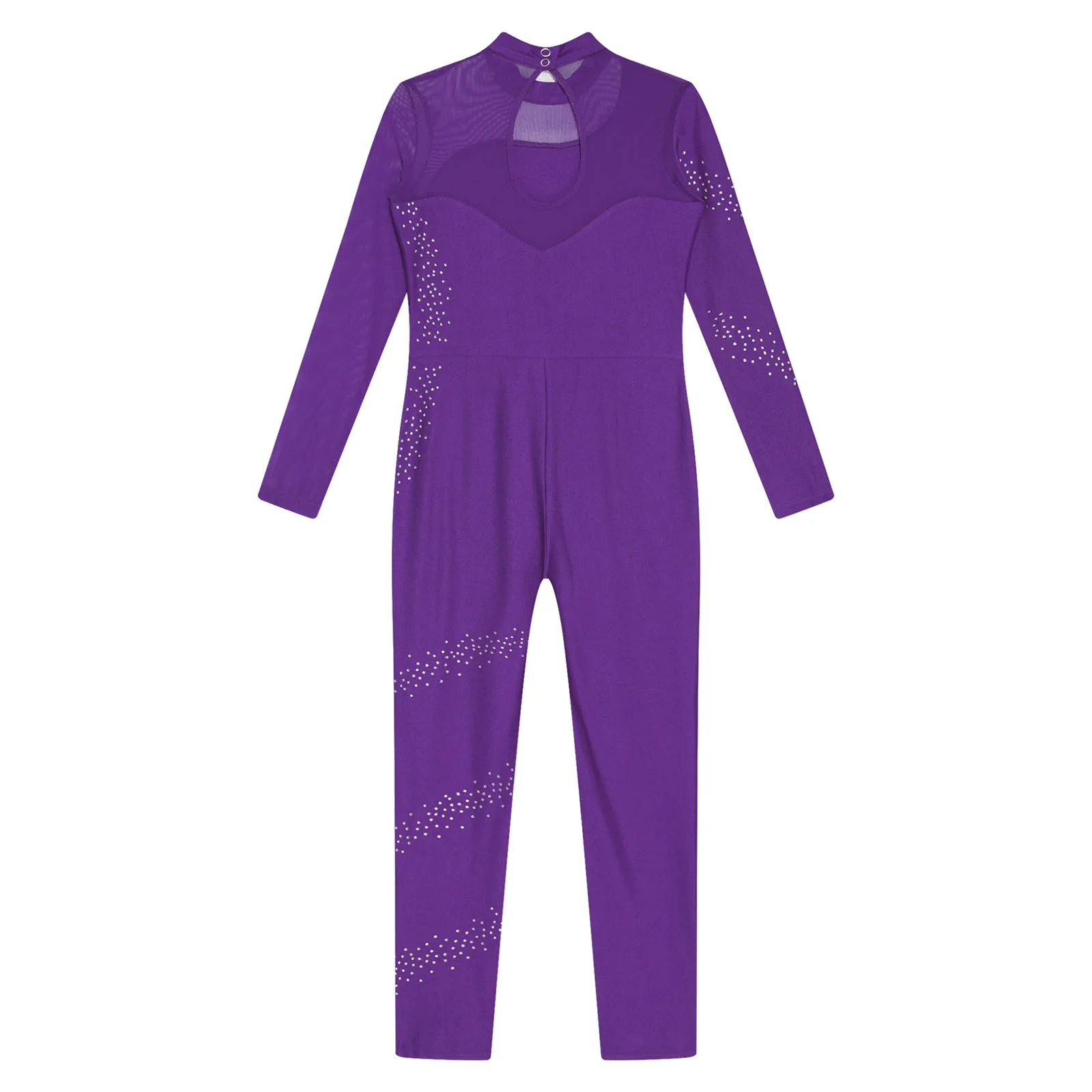 Description Picture 6 of itemKids Girls Figure Skating Gymnastics Leotards Dance Wear Teens Rhinestones Sheer Mesh Long Sleeve Gymnastics Jumpsuit Bodysuit