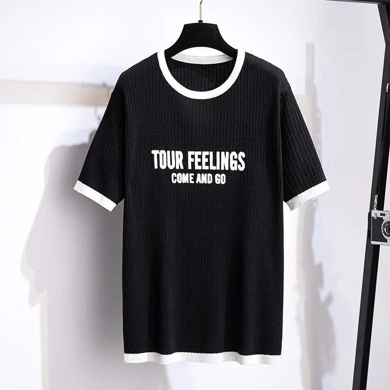 Large Women Summer T Shirt Big Size Women Clothing Ice Silk Knitted Tops Tees Short Sleeve Show Thin T-Shirts 100/150 Kg 6Xl 7Xl