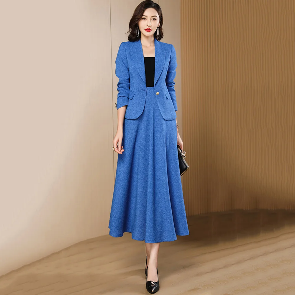 New Women Elegant Skirt Suits Spring Autumn Fashion Classic Single Button Slim Short Blazer and A-Line Long Skirt Two-pieces Set