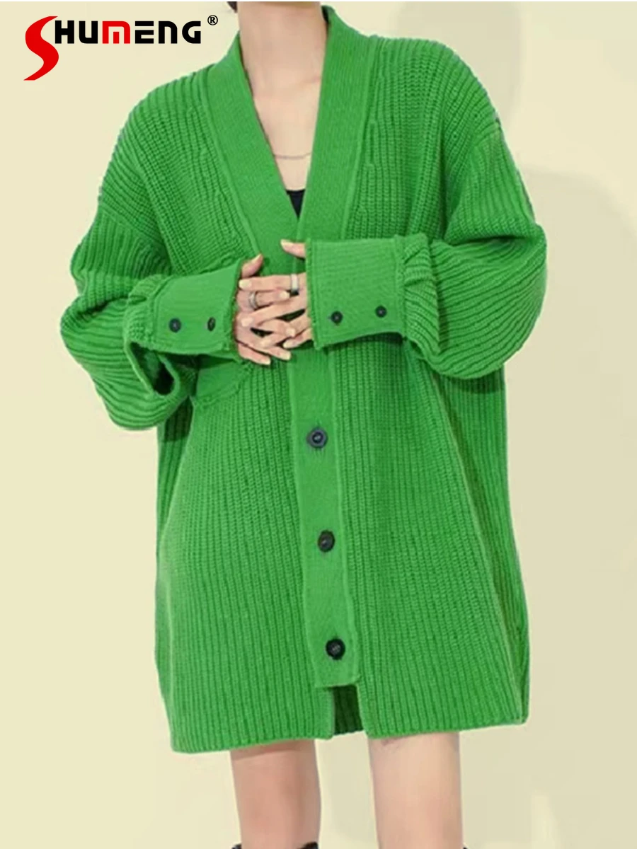 

Fashion New Sweaters 2023 Autumn Idle Comfort Casual Knitted Cardigan V-neck Loose Thick Long Sleeve Mid-length Knitwears Women