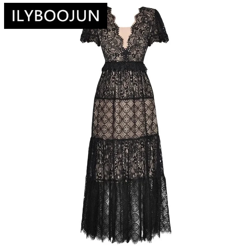 

ILYBOOJUN Fashion Designer Summer Lace Long Dress Women's V-Neck Short Sleeve Ruffles Hollow Out Elegant Party Dresses