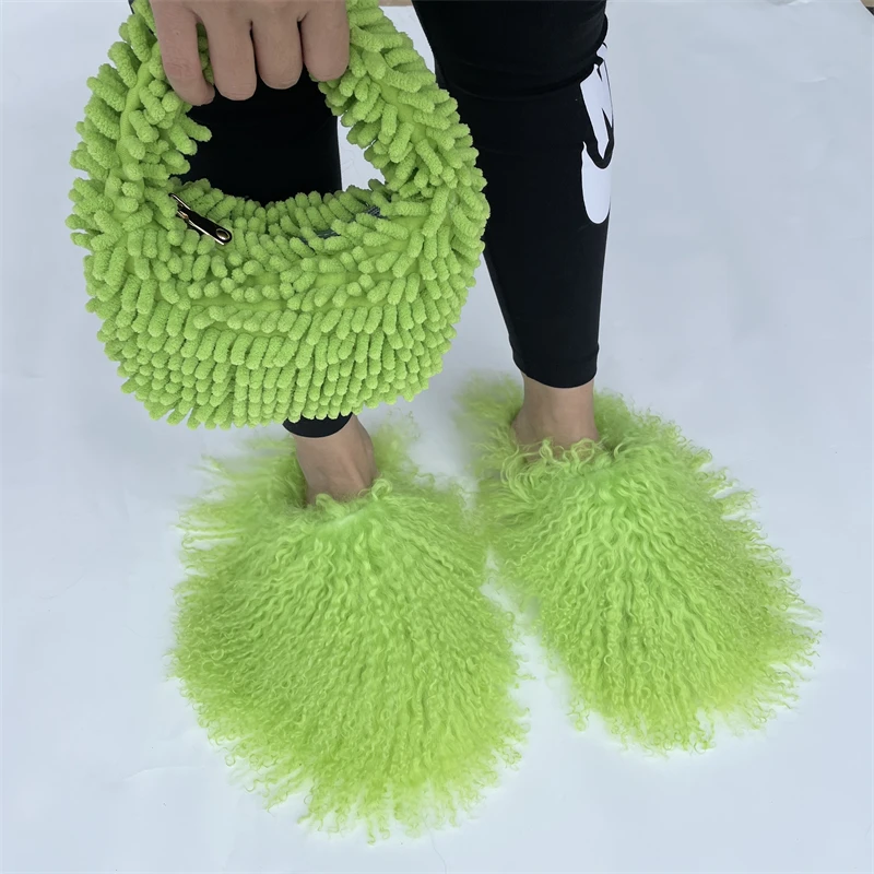 

Luxury Style Women Fur Flat Shoes Sheepskin Fur Slipper Mongolian Fur Slides