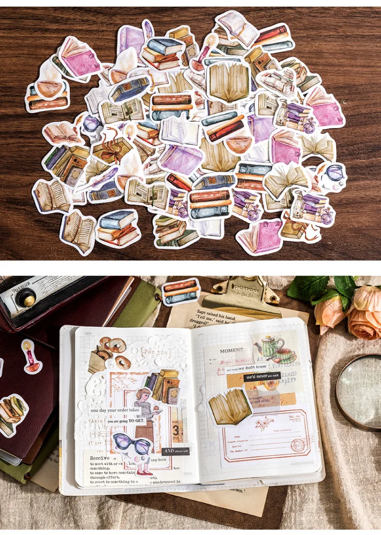 46Pcs Retro Book Collection Stickers Set Decorative Scrapbooking Labels for Diary Journal Planner Album Phone Stationery