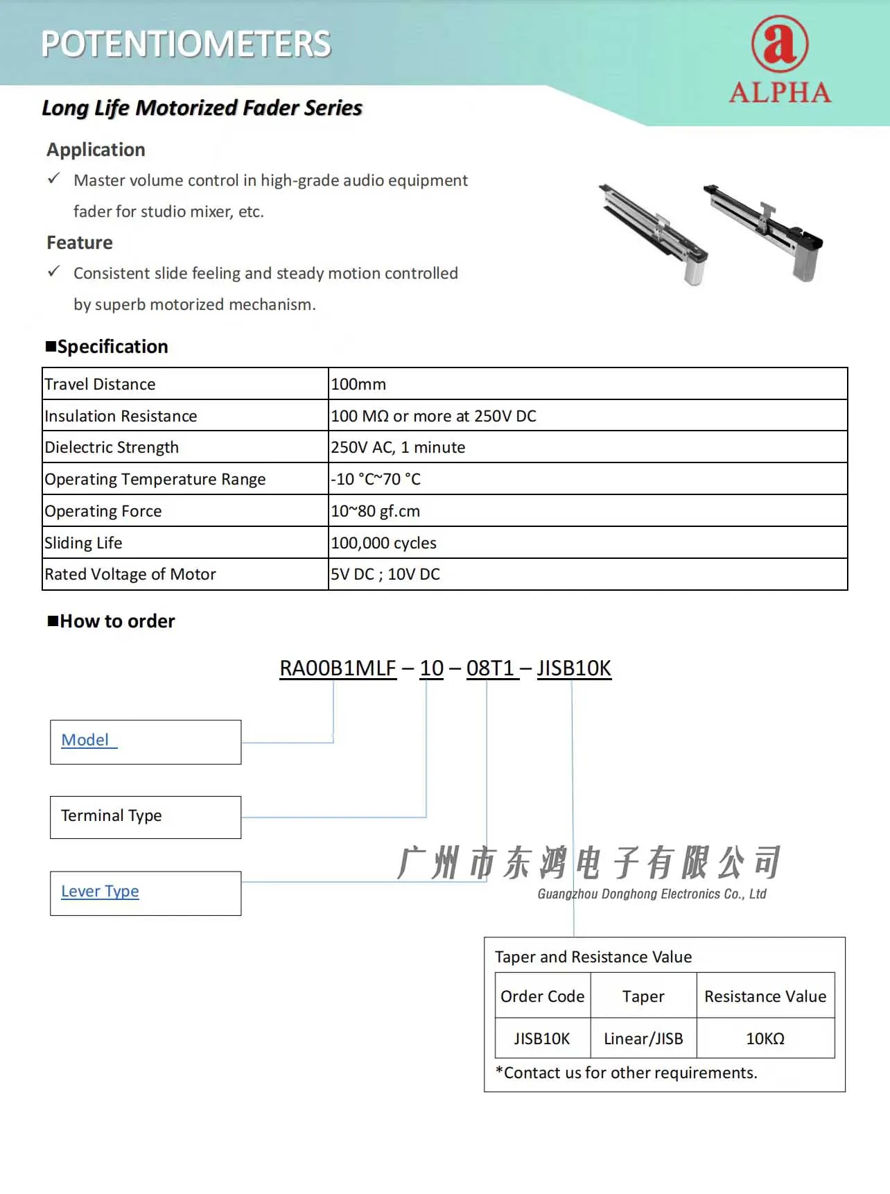 1PCS RA00B1MLF-10[모노] ALPHA 151MM 디지털 페이더 단일 전위차계 B10K 생크 8T