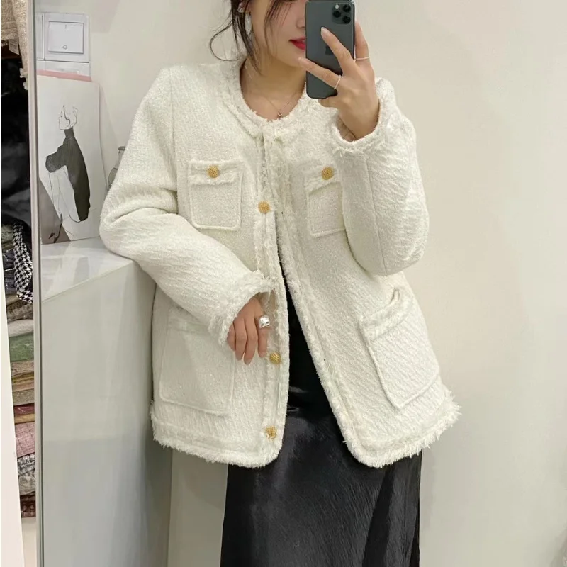 Thick Autumn Winter Tweed Jacket Korean Style Tassel Long Sleeve Outwear 2023 Office Lady Temperament V-Neck Vintage Coat Loose