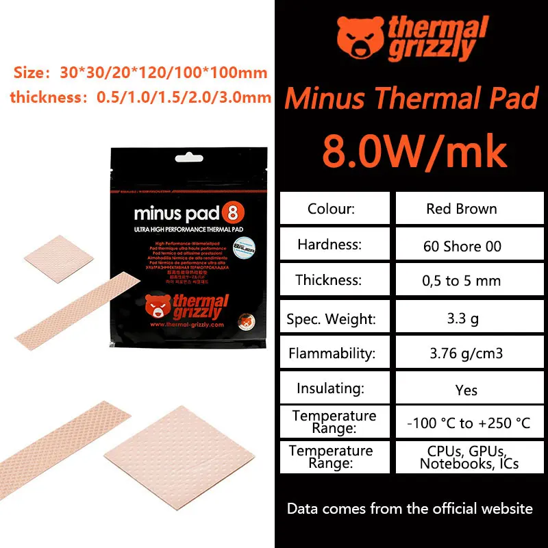 

Thermal Grizzly 8.0W/Mk Minus Pad 8 Cooling Pad Motherboard Cooling Silicone Pad Multi-Size CPU/GPU Graphics Cooler Thermal Pad