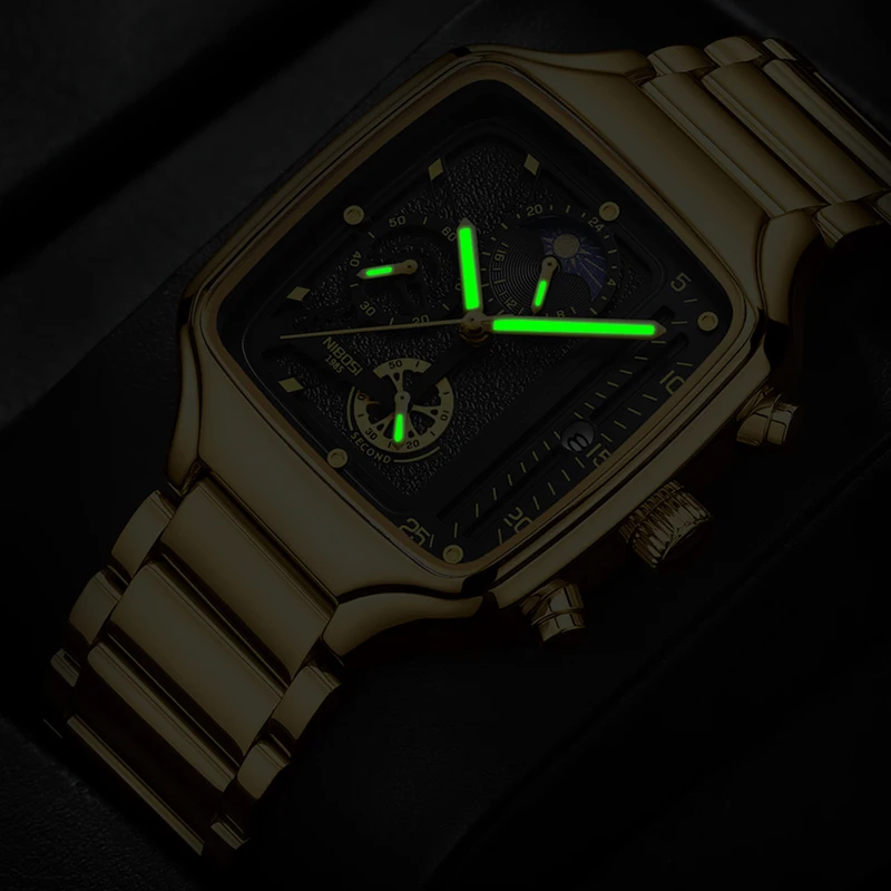 NIBOSI Brand Luxury Chronograph Quartz Watch for Men Gold Stainless Steel Strap Waterproof Fashion Moon Phases Watches Mens