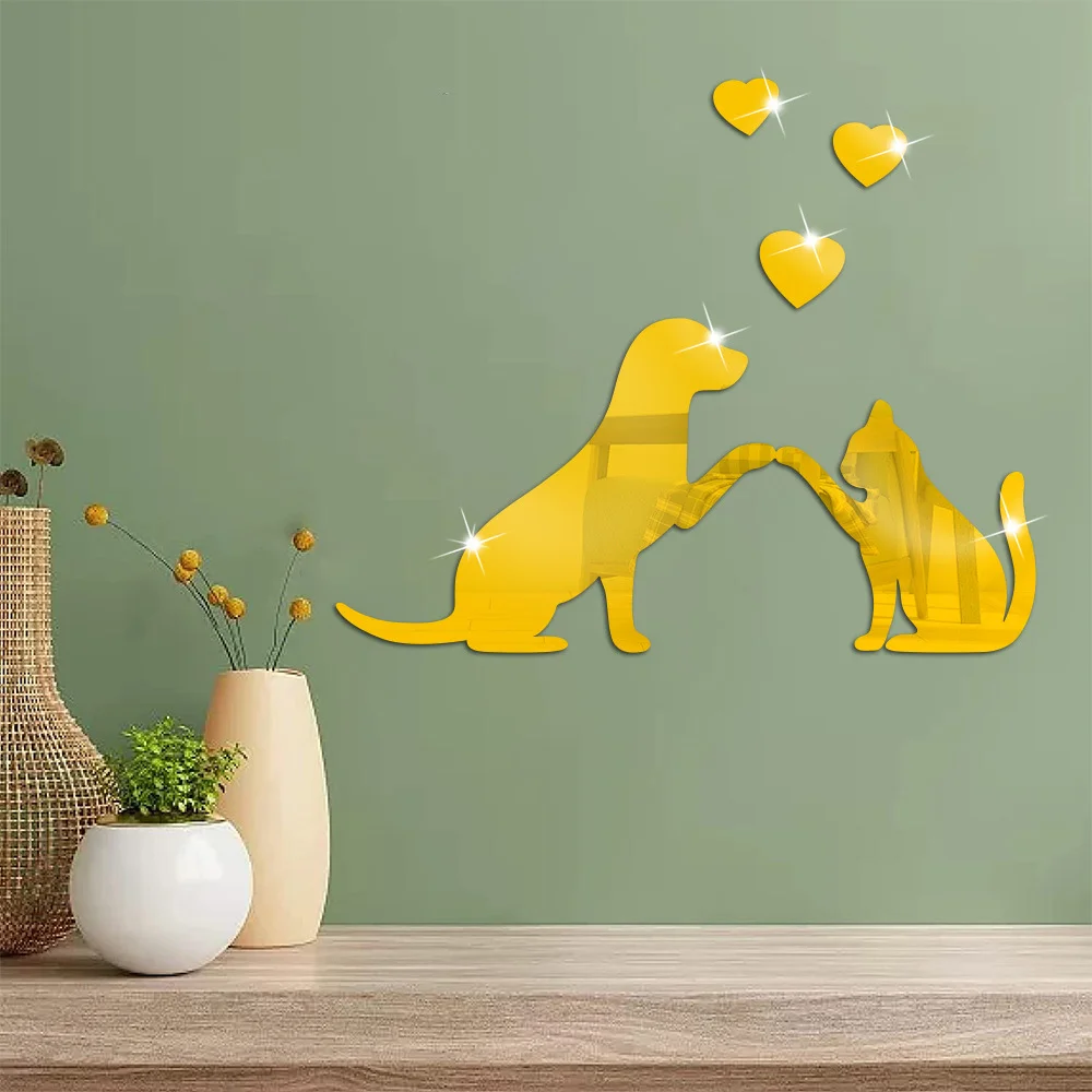 DIY Love Cat Dog Acrylic Mirror Wall Sticker Cartoon Paste Self-adhesive Living Room Bedroom Bathroom Decoration Wall Decor