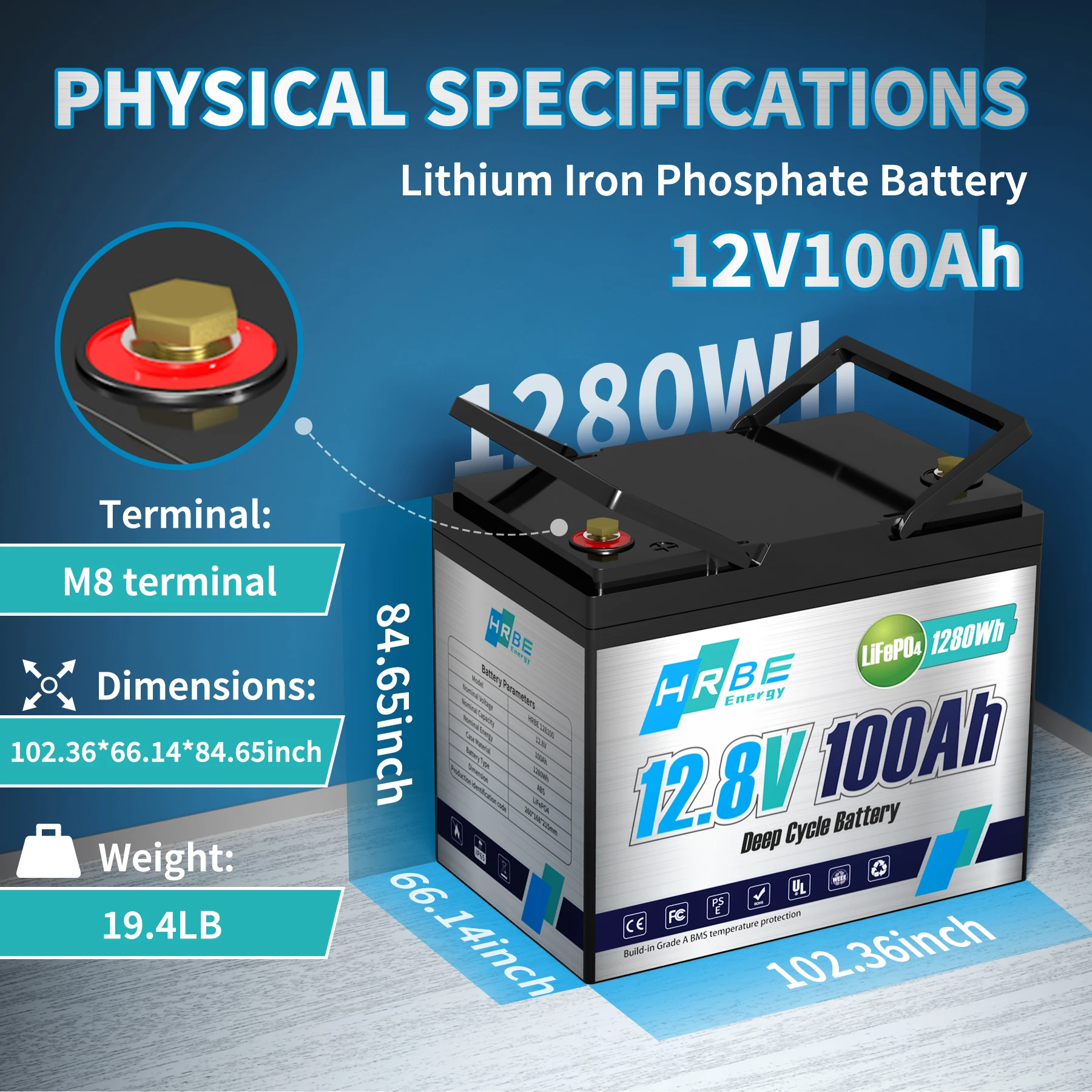 

US STOCK 12V 100Ah LiFePO4 Battery 12.8V Lithium Power Batteries 4000 Cycles For Campers Golf Cart Off-Road Off-grid Solar Wind