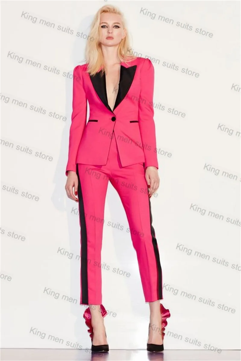 

Pink Black Women Suits Pants Set Sexy V Neck Blazer+Trousers 2 Pieces Formal Office Lady Coat Tailored Jacket Prom Dress Outfit