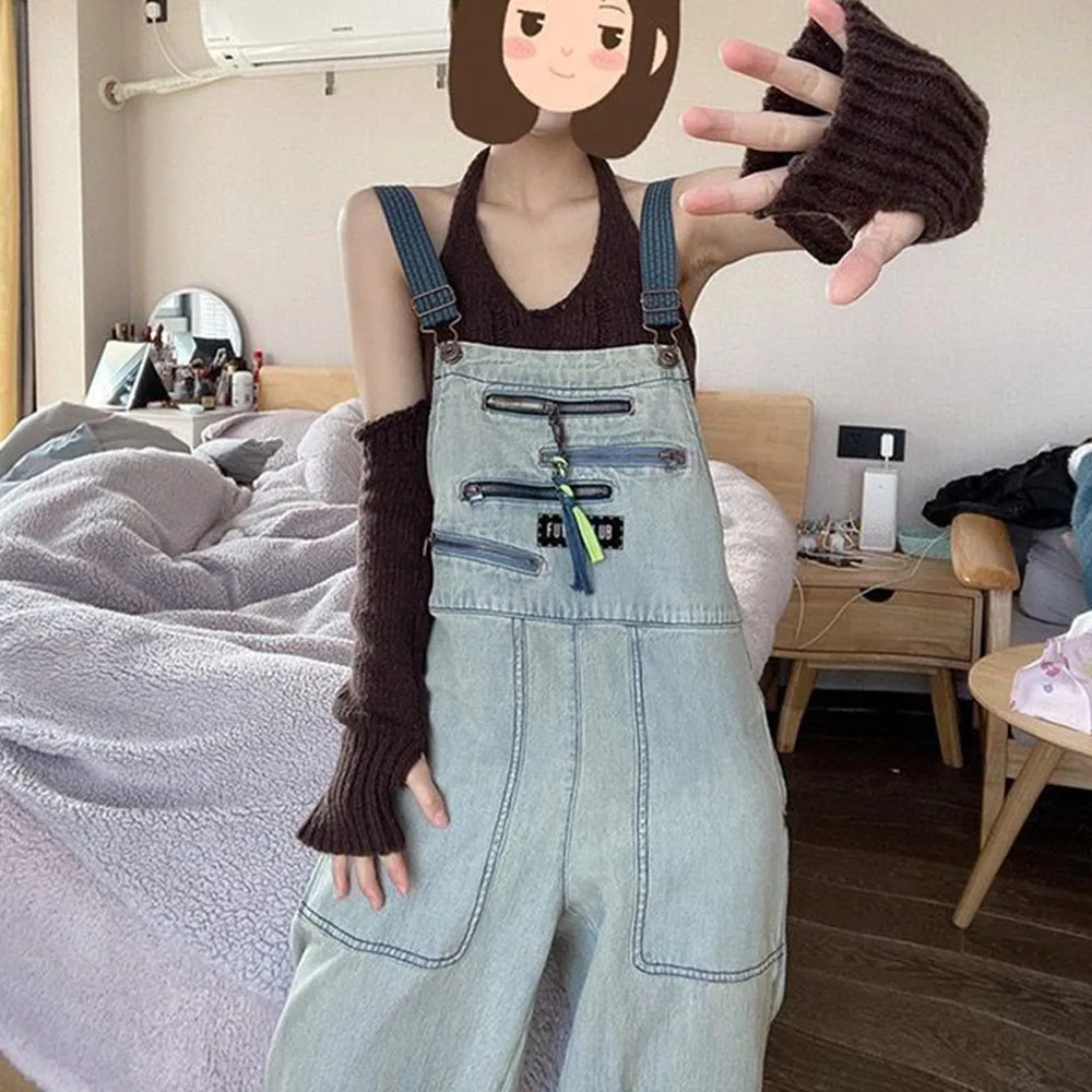 

Casual Denim Rompers Women Blue High Waist Loose Straight Trouser Overalls Ladies Shoulder Strap Zipper Jeans Female Denim Pants