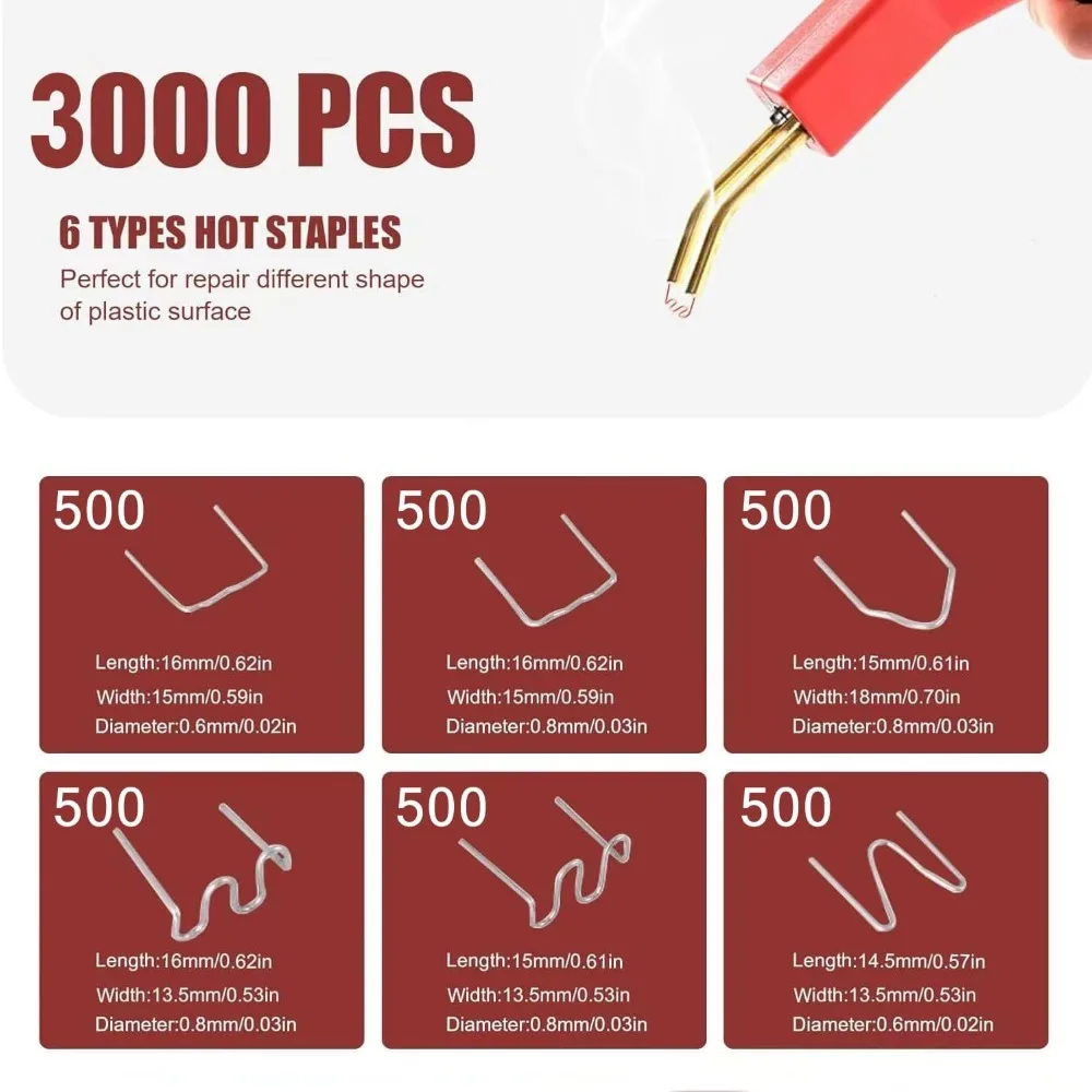 플라스틱 용접 스테이플 3000개, 장식, 자동차 수리, 건축 모델링, 장난감 제조 등을 위한 6가지 종류의 핫 스테이플.