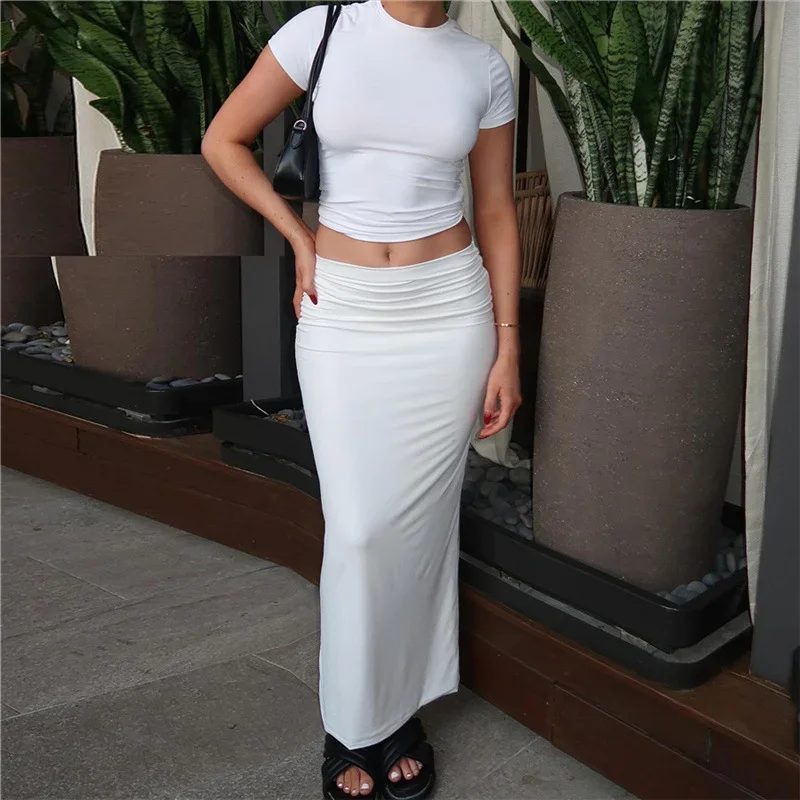 2023 Basic Casual Solid Two Piece Set Women Hipster Short Sleeve O-neck T-shirts + Matching Hip Skirt Female Bare Midriff Suit summer women camo print cargo pocket short sleeve crop top