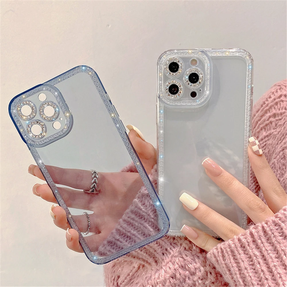 Luxury Rhinestones Camera Transparent Phone Cover For iPhone 13 Pro Max 11 12 XS X XR 7 8Plus Soft Silicone Glitter Case |
