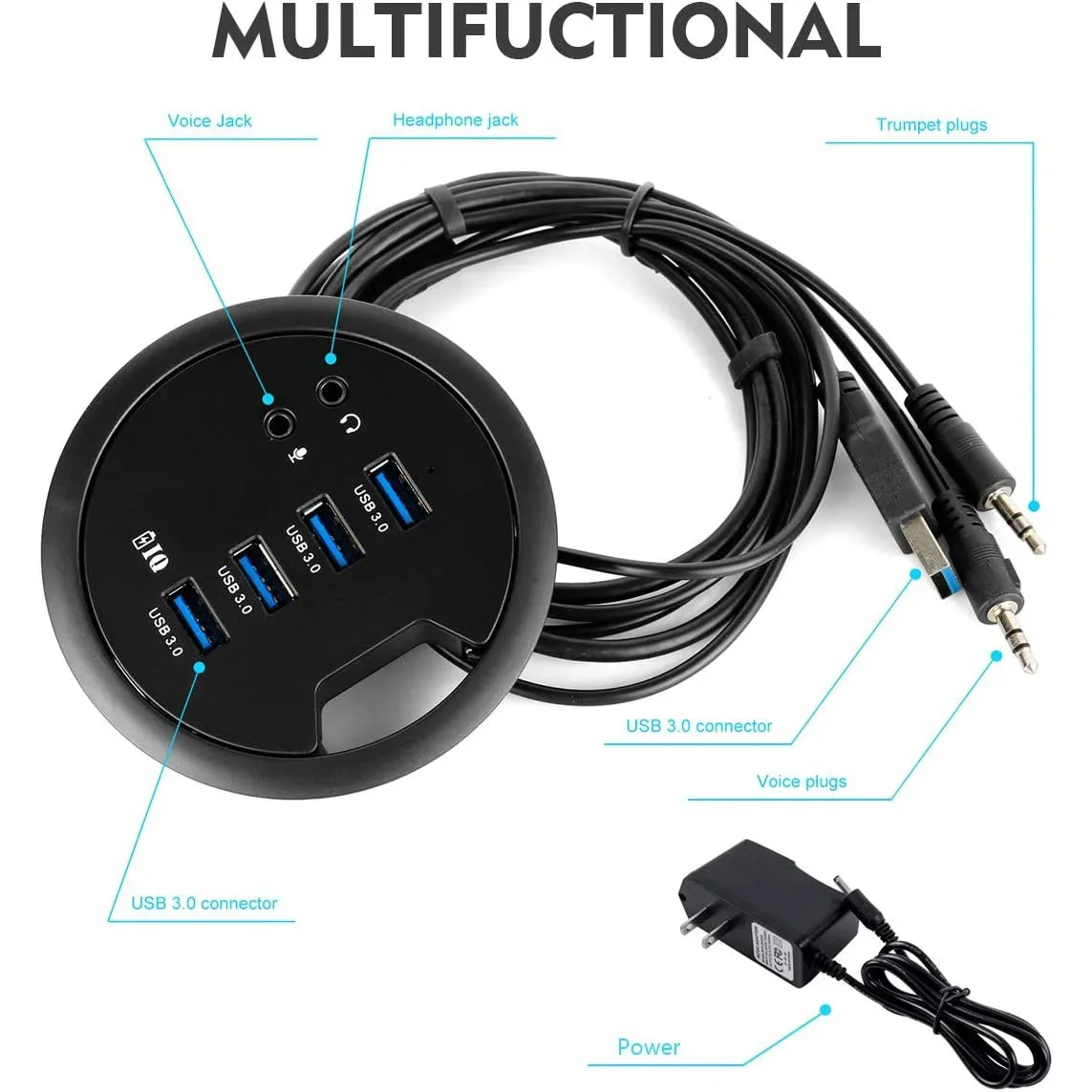 Desk-Fit 80mm 4 Port USB 3.0 Hub with 3.5mm Audio Mic Phone Jack/BC 1.2 USB Charger, 5V/2A Power Adapter for iPhone/Smart Phones 3