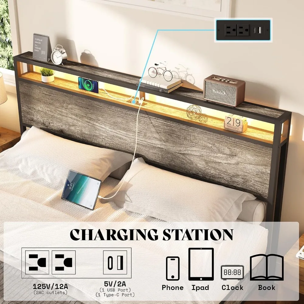 Bed Fram, King Size Floating Bed Frame with 2-Tier Storage Headboard, Metal Bed Frame with Charging Station & LED Lights 4