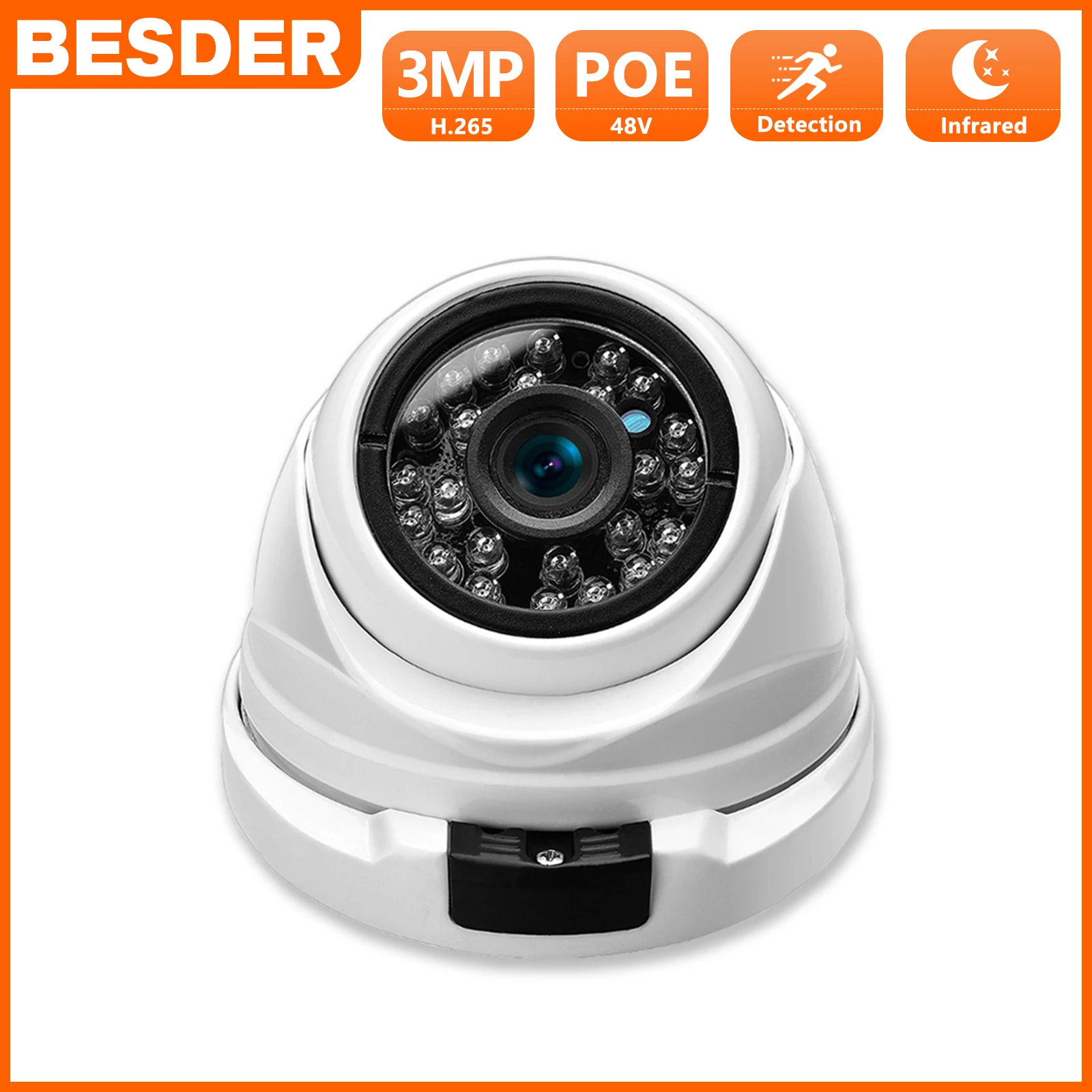 BESDER H.265 3MP 2MP IP Camera Vandal-proof P2P Motion Detection Night Vision CCTV Security Camera DC12V 48V POE Optional XMEye