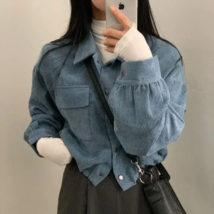 Einfache literarische Retro-Cord-Hemdjacke mit doppelter Tasche, Herbst und Winter, neue lässige, vielseitige Arbeitskleidung, koreanischer Kordelzug – Detail 33