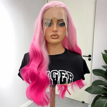 Parrucche anteriori in pizzo sintetico rosa Ombre ondulate lunghe per le donne Parte centrale 13X4 Onda del corpo Radici rosa chiaro Capelli senza colla pre pizzicati