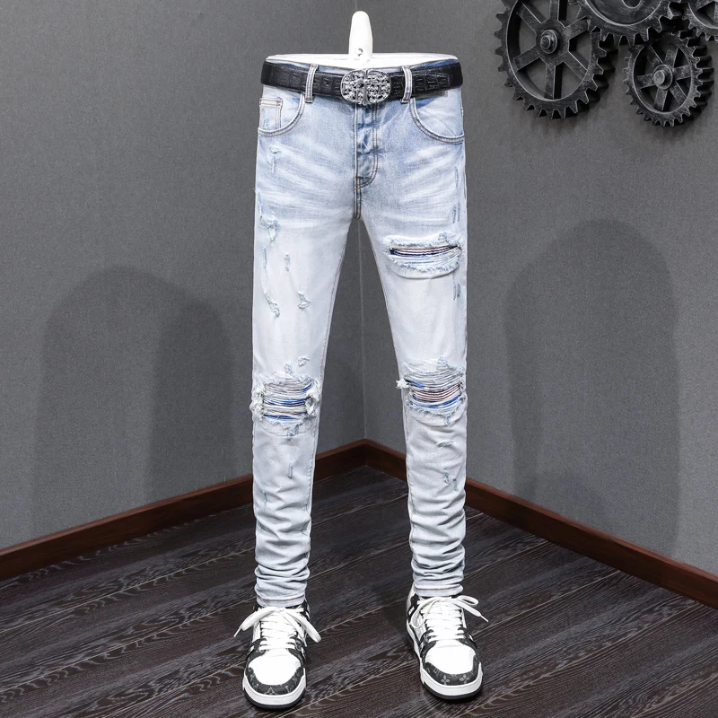 High Street Fashion Men Jeans Retro Light Blue Stretch Skinny Fit Ripped Jeans Men Patched Designer Hip Hop Brand Pants Hombre