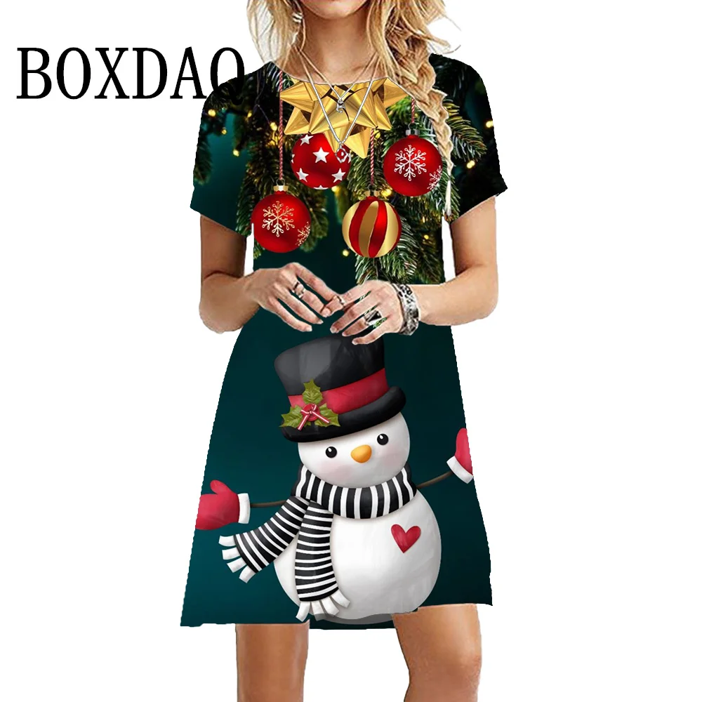 Sweet Cute Christmas Dress New Women Short Sleeve Dress 3D