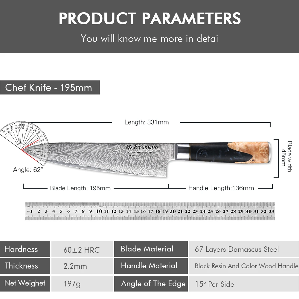 TURWHO 8 Inch Chef Knife Gyuto Knife Japanese Style VG10 Core Damascus Kitchen Knives Stainless Steel Butcher Knife Resin Handle 6