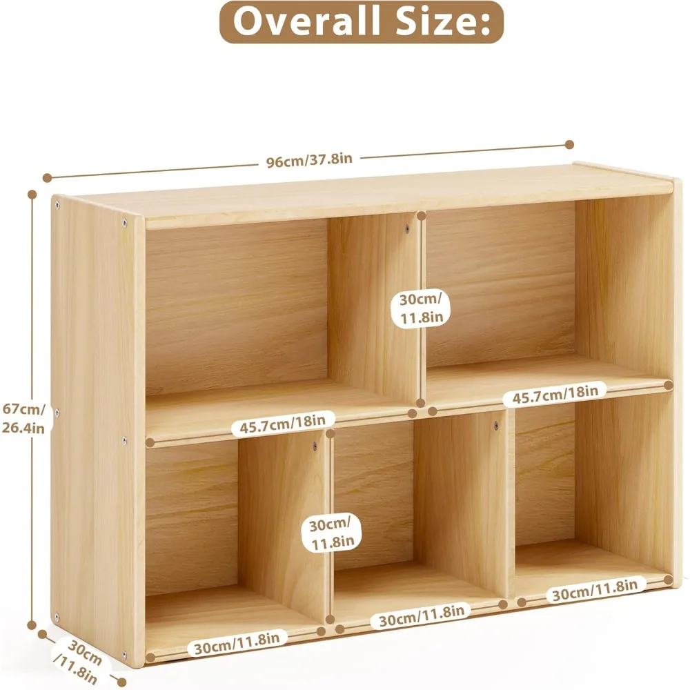 2-Tier Solid Wood Shelves Toy Organizers and Storage,5-Compartment Storage Cabinet with 4 Wheels,for Toddler Kids Room 2