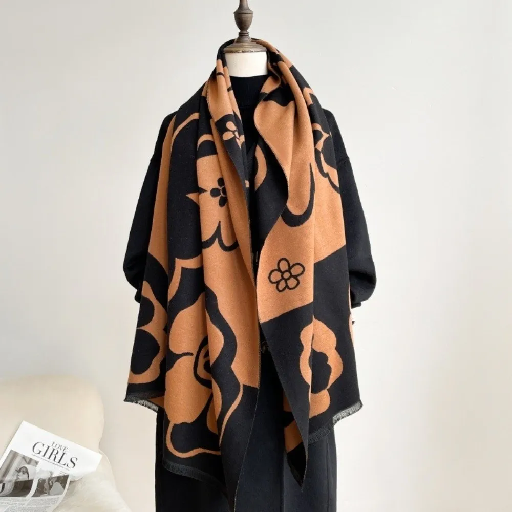 Cozy Luxury Cashmere Scarf Flower Pattern Soft Winter Shawl Warm Thick Bufanda Stoles Women Winter Season Fashion Accessory