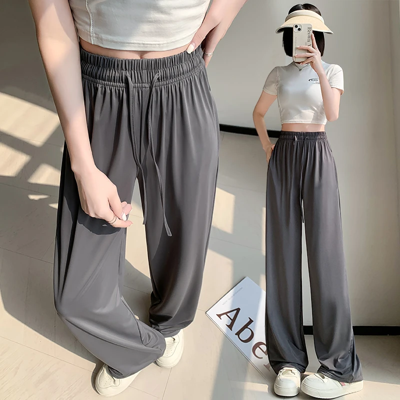 New Female Fashion Versatile Comfortable Ice Silk Wide Leg Pants Women'S Summer High Waist Straight Leg Sports Casual Trousers