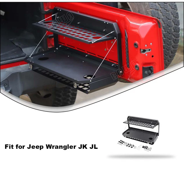 JeCar Foldable Tailgate Table For Jeep Wrangler JK/JKU 2007-2017 – Aluminum Alloy, Flip-Down Shelf, Requires Drilling, Black Powder Coat