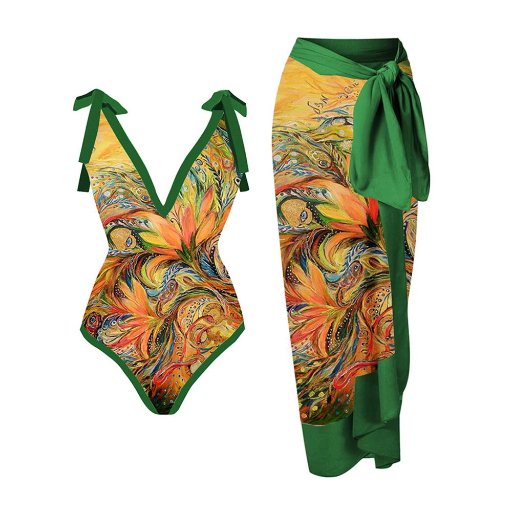 

Fashion Print Tie One Piece Swimsuit Tankini Women Swimming Suits Swimwear Suit Surf Wear Sexy Backless Tight Lace