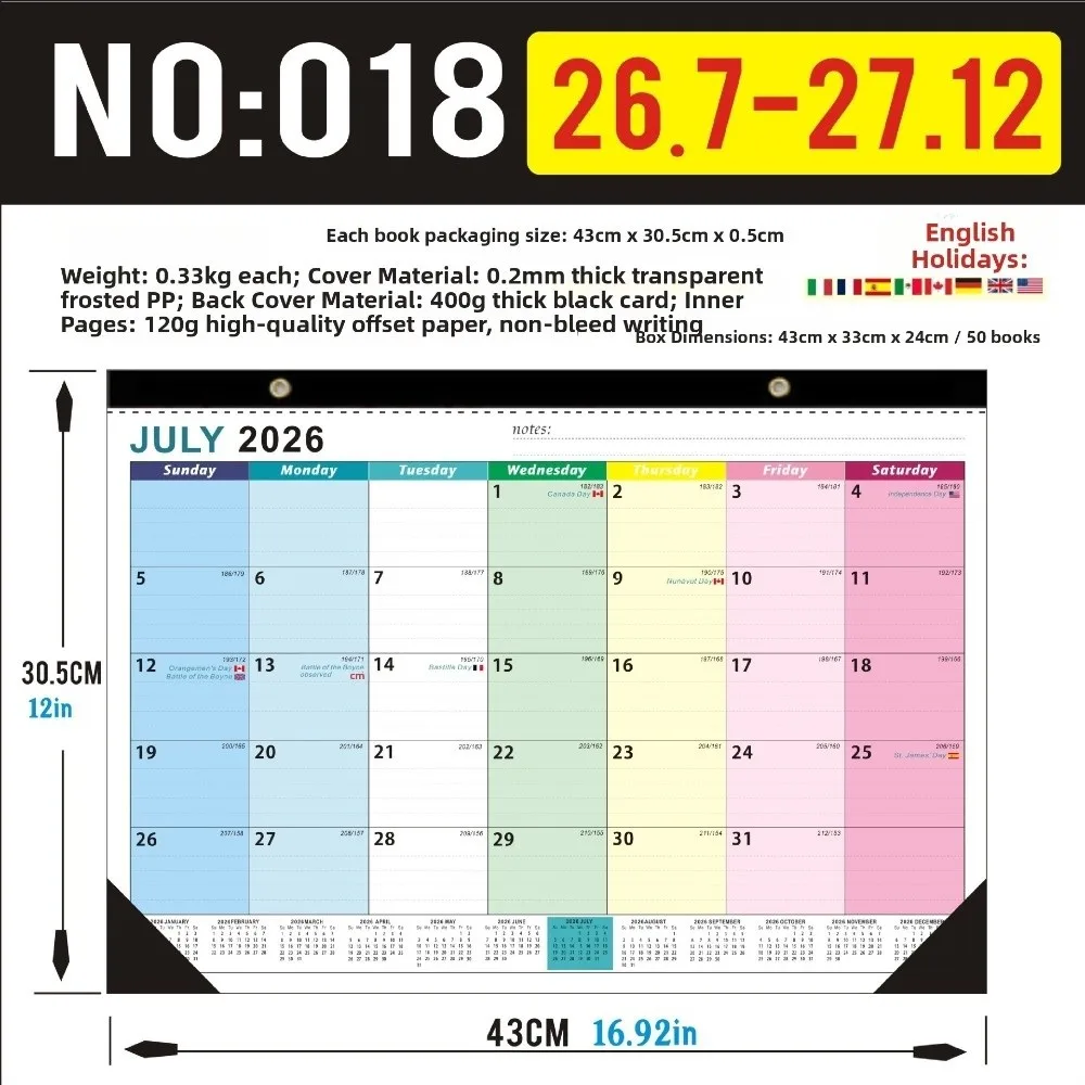 두꺼운 종이 영어 달력 휴일 표시 걸이형 18개월 달력 일일 학습 2026년 7월2027년 12월