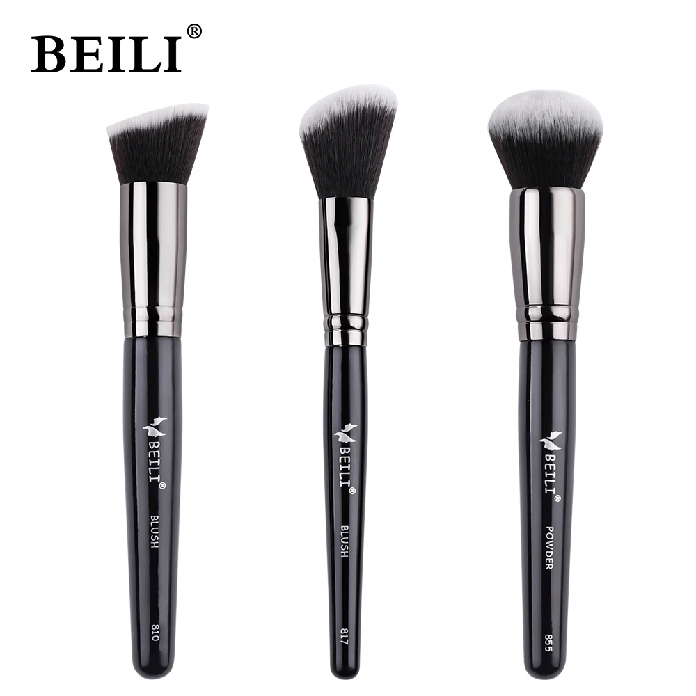 Beili 3 Pieces Makeup Brushes Set Real Goat Hair Pony Hair Black Handle
