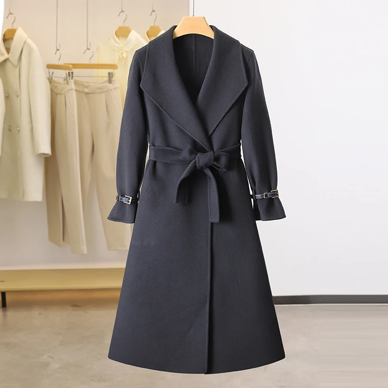 

Women's wool coat winter woolen coats elegant long overcoat waisted