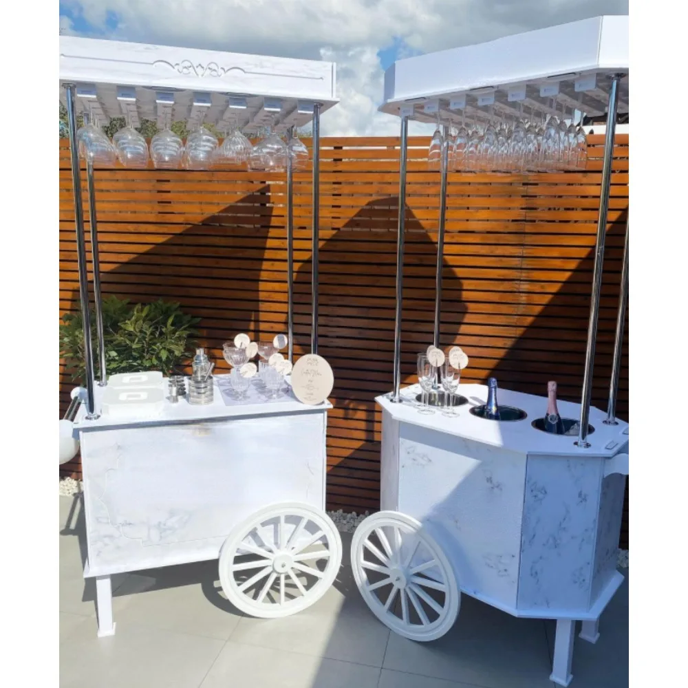 

2023 PVC White Mobile Champagne Beer Display Cart Wedding Decoration Champagne Cart in Wheels