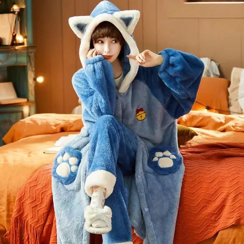 thumbnail image 1 of Pijama de terciopelo Coral para mujer, conjunto de camisón de franela con bordado de dibujos animados de zorro y gato, novedad de otoño e invierno, 2024, 1 of 4