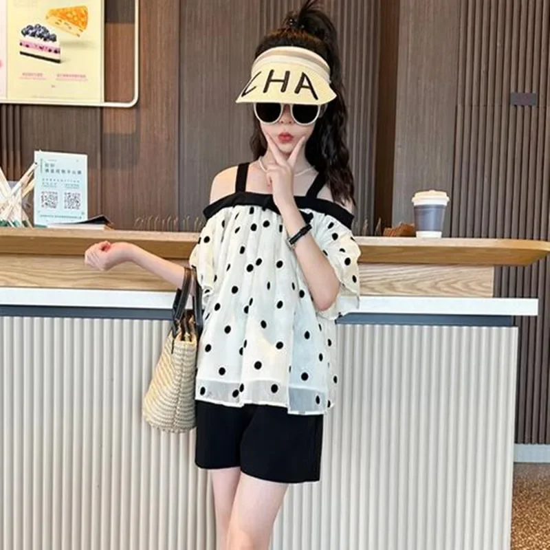 Girls Clothing Sets Summer Fashion Polka Dot Chiffon Tops and Shorts Suit Kids Clothes Set Children Off shoulder Girls Outfits