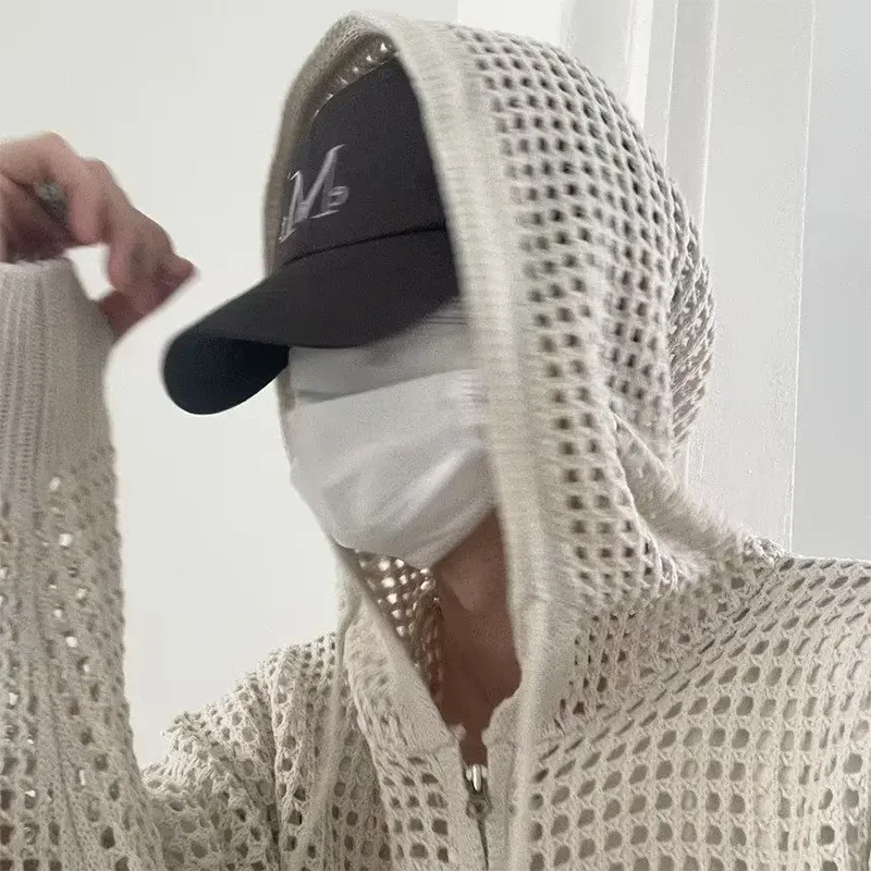 Summer Korean Trendy Hollow Coats Mens Casual Cardigan Sweater Breathable Lightweight Hooded Knitted Sweater Streetwear Clothes