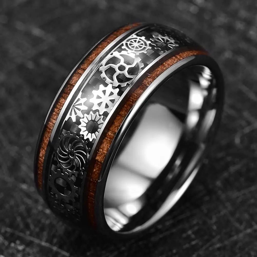 Stainless Steel Inlay Wood Ring - Retro Style Unisex Band - View #3
